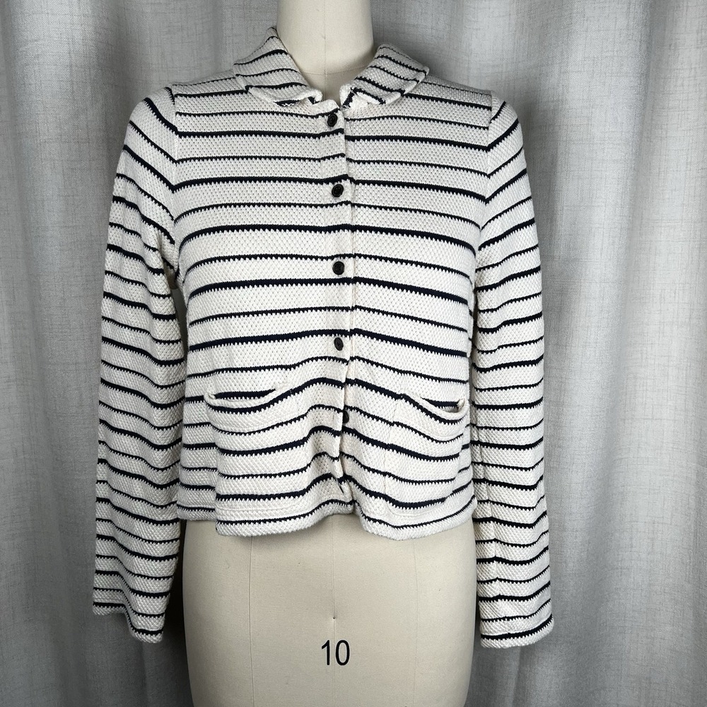 Madewell Striped Button-Front Collared Cardigan Antique Cream Blue Medium Cotton